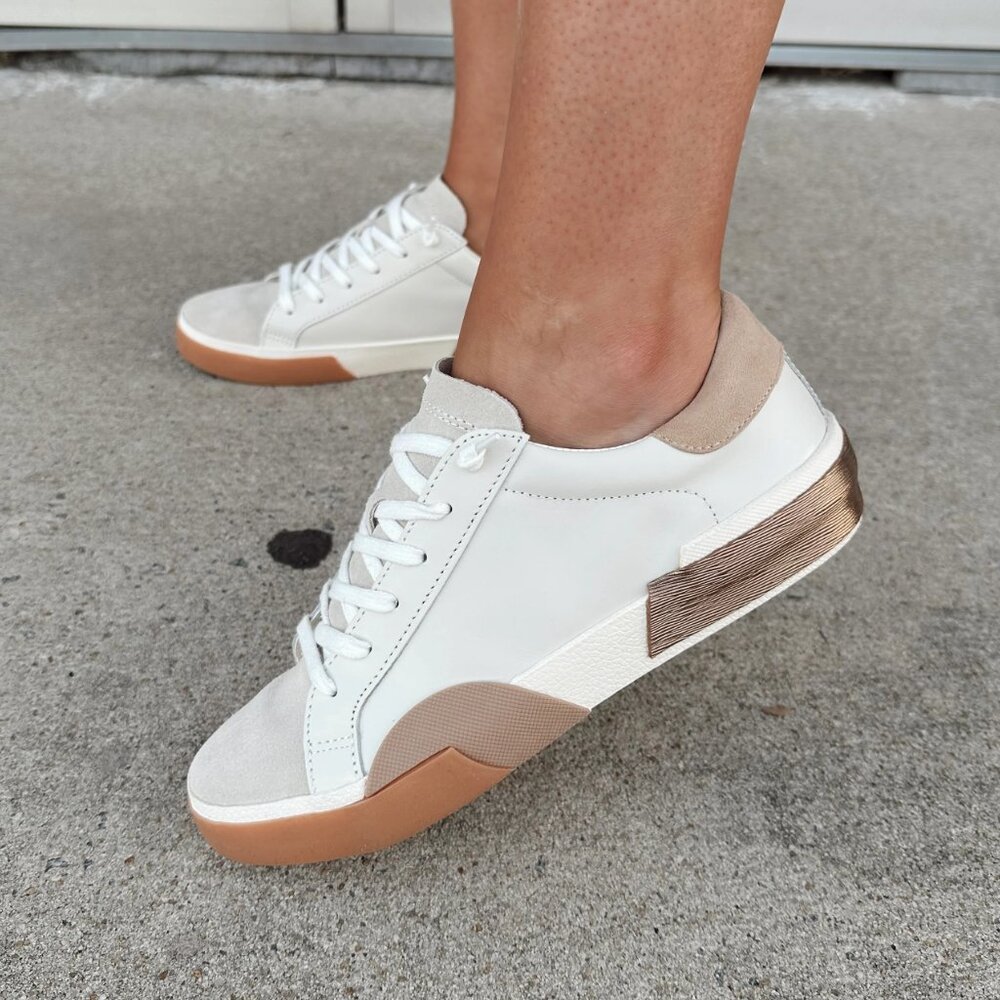 NEW Dolce Vita Zina Metallic Sneakers - Leather  White Tan For Women 266 2M6